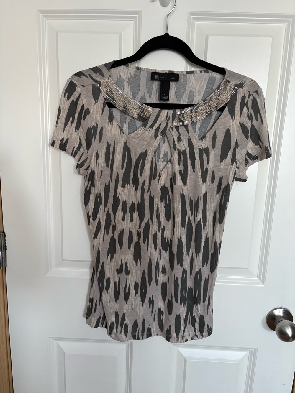 INC International Concepts Taupe and Charcoal Animal-Print Beaded Neck Blouse